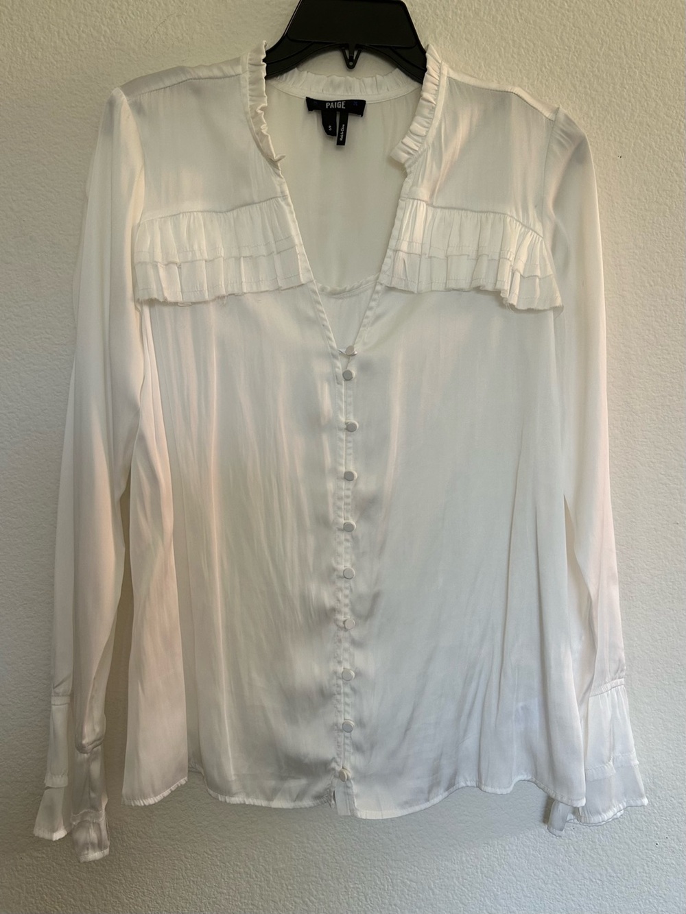 PAIGE White Ruffle-Trim Button-Front Silk Blouse